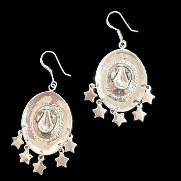 🆕Vintage Sterling Silver Cowboy Hat Earrings w Dangling Stars Western Dangles